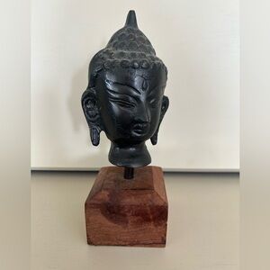 Vintage Bronze Buddha Head Sculpture Mounted on Wood Display Base